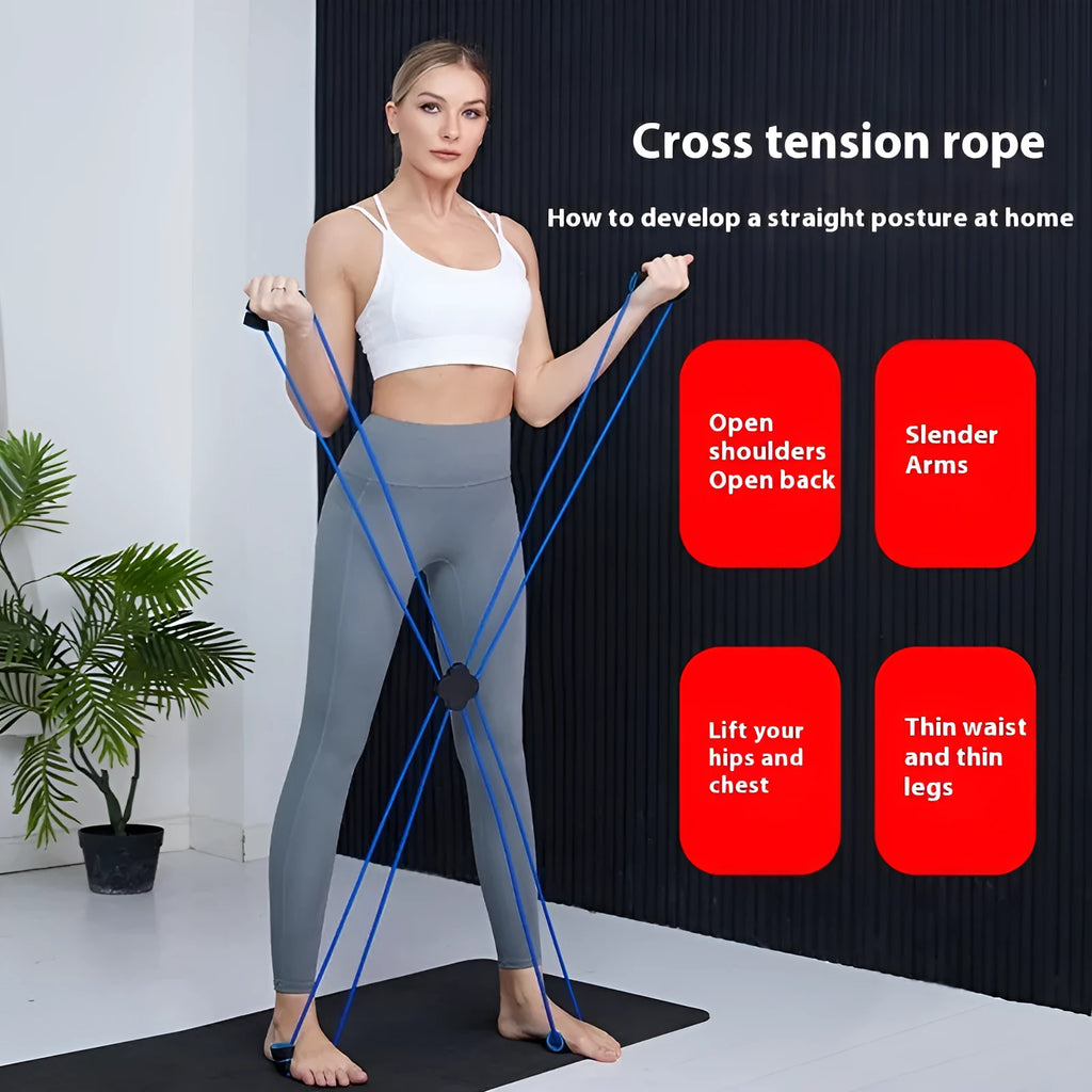 Blue eight character shoulder puller resistance band with cross tension device for female fitness