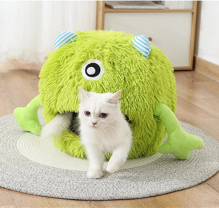 Round plush cat bed with non-slip base shown in three measured sizes for indoor pets
