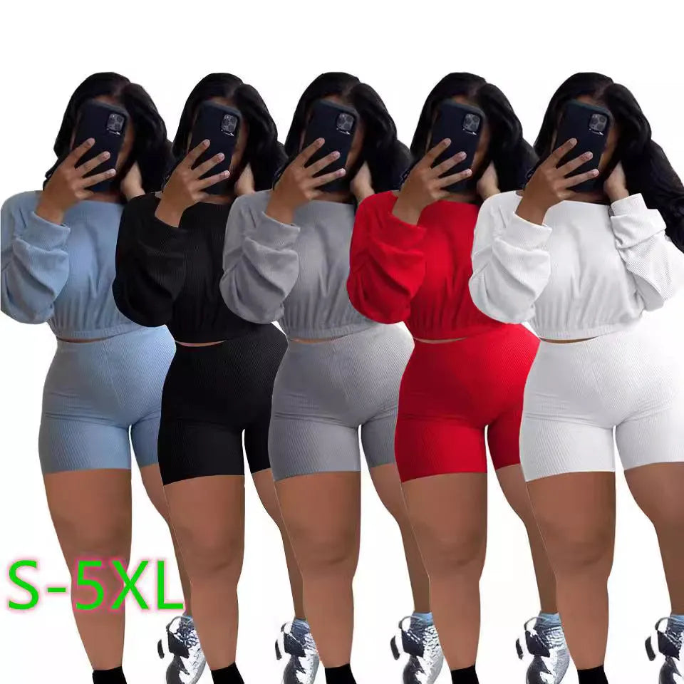 Women's solid colour off-the-shoulder two-piece set with long sleeves and matching shorts in multiple colour options