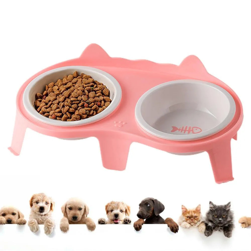 Blue ceramic cat food and water bowl set on a white elevated stand with storage hook