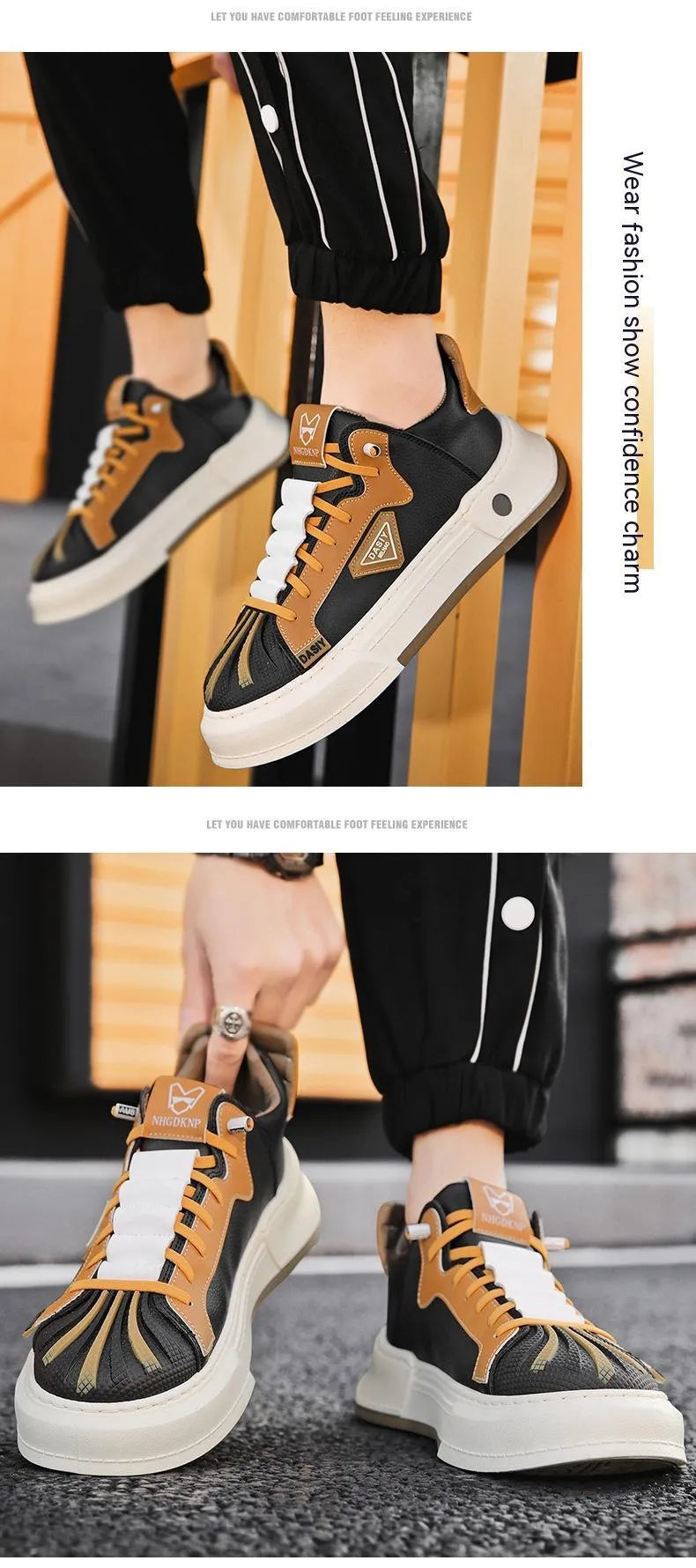 Men's beige casual low-top sneakers with elastic band and leather stitch detail on microfiber upper.