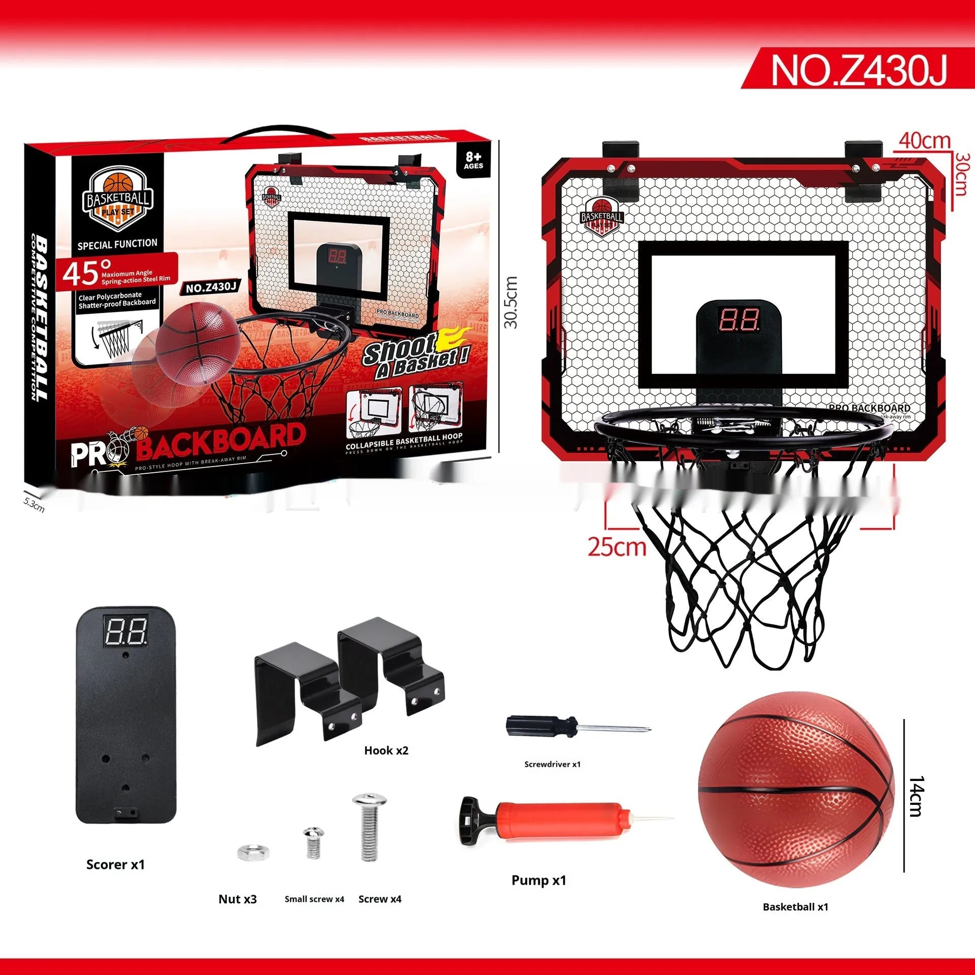 Red folding basketball frame with suction cups mounted on wall showing 400x300mm panels