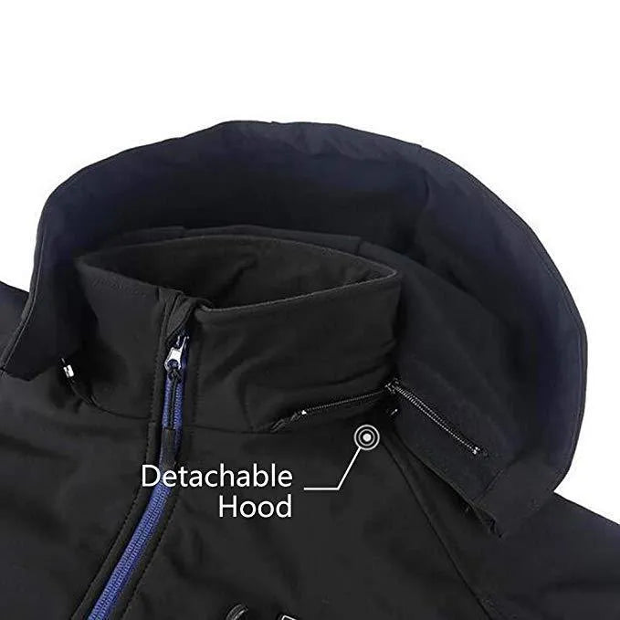 Black USB-heated men's winter coat with long sleeves, straight hem, and zipper pockets.