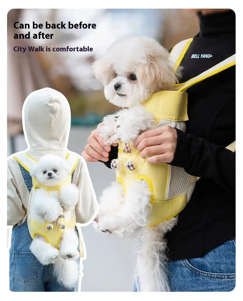 Cartoon animal pattern soft canvas pet carrier chest bag with colourful stitching and removable crossbody strap