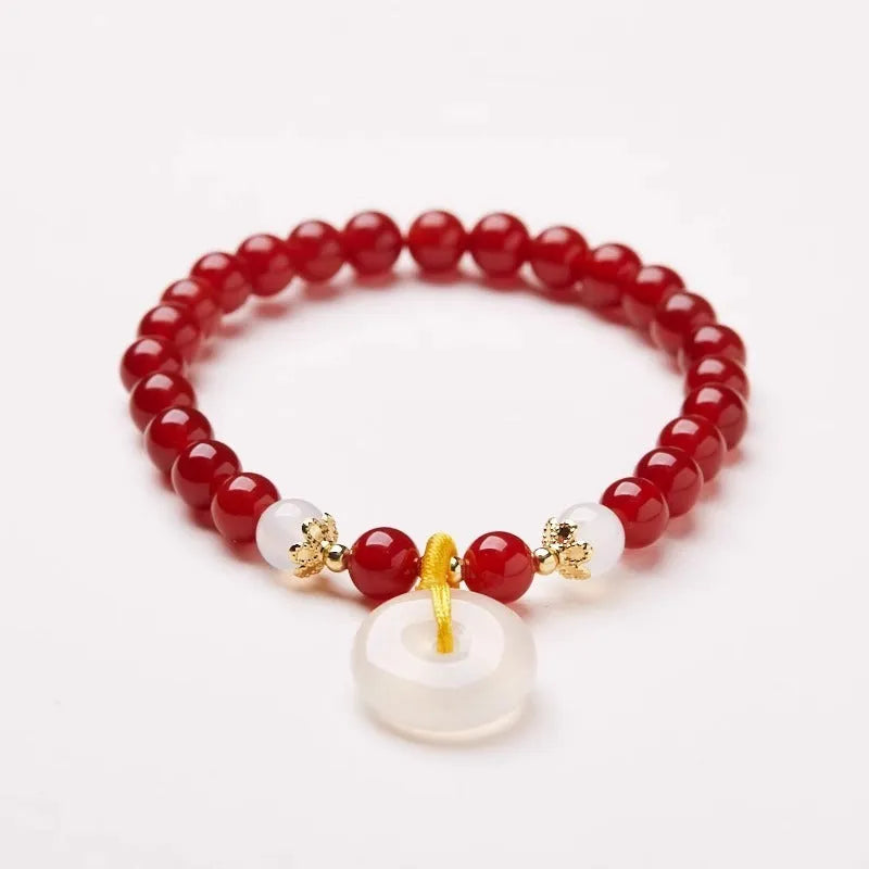 Natural Jinsi Jade safety buckle bracelet with emerald and red agate beads in Chinese-style handmade design