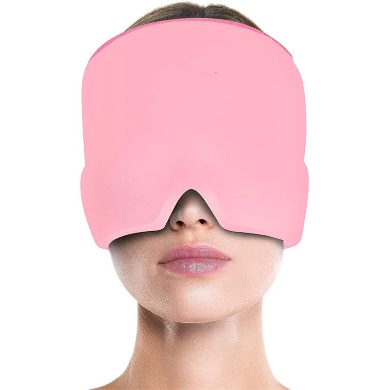 Black elastic cloth gel eye mask for headache relief showing adjustable design