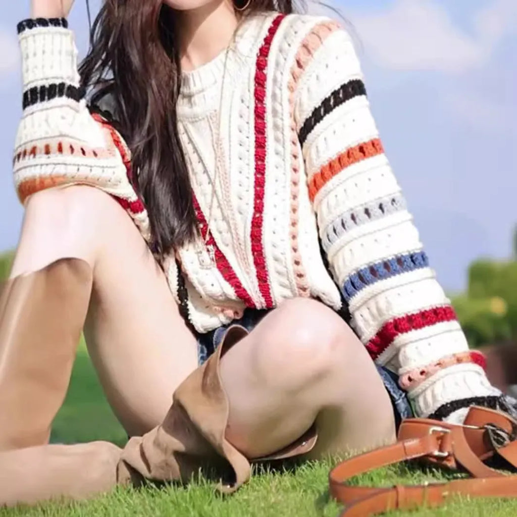 Rainbow striped batwing sleeve pullover sweater with hollow knit design