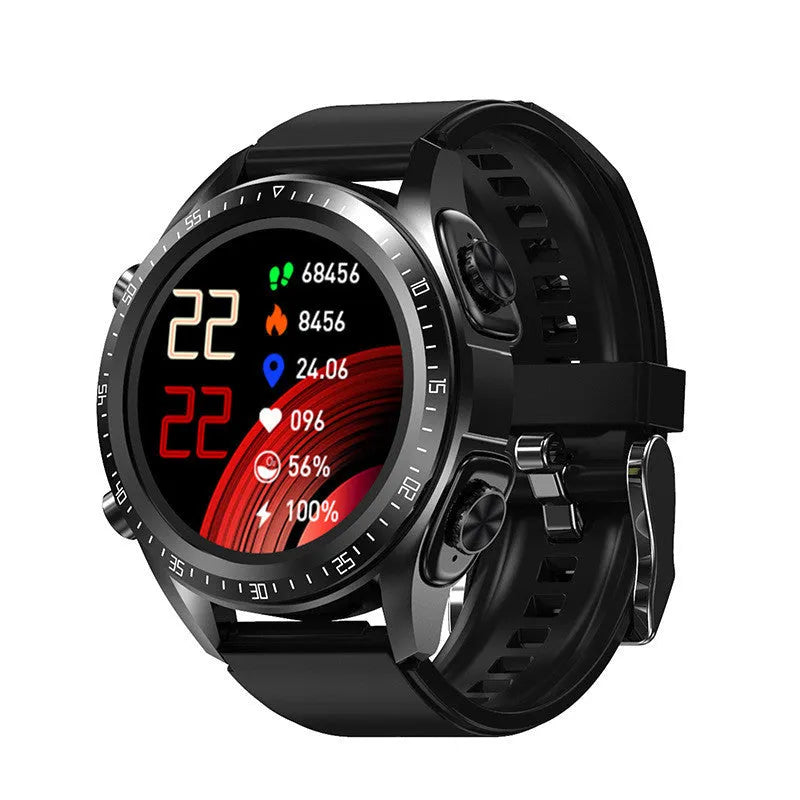Black smart Bluetooth watch with 1.28 inch TFT screen showing health metrics and including TWS earphones