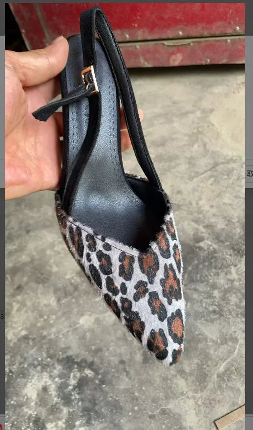 Women's leopard print suede sandals with pointed toe design and high heels