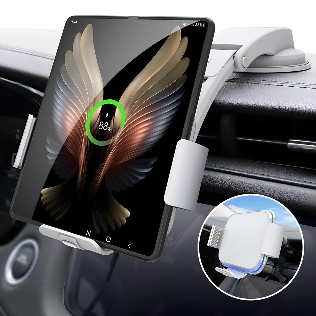 Grey wireless charging car phone holder with folding screen and air conditioner clip mount