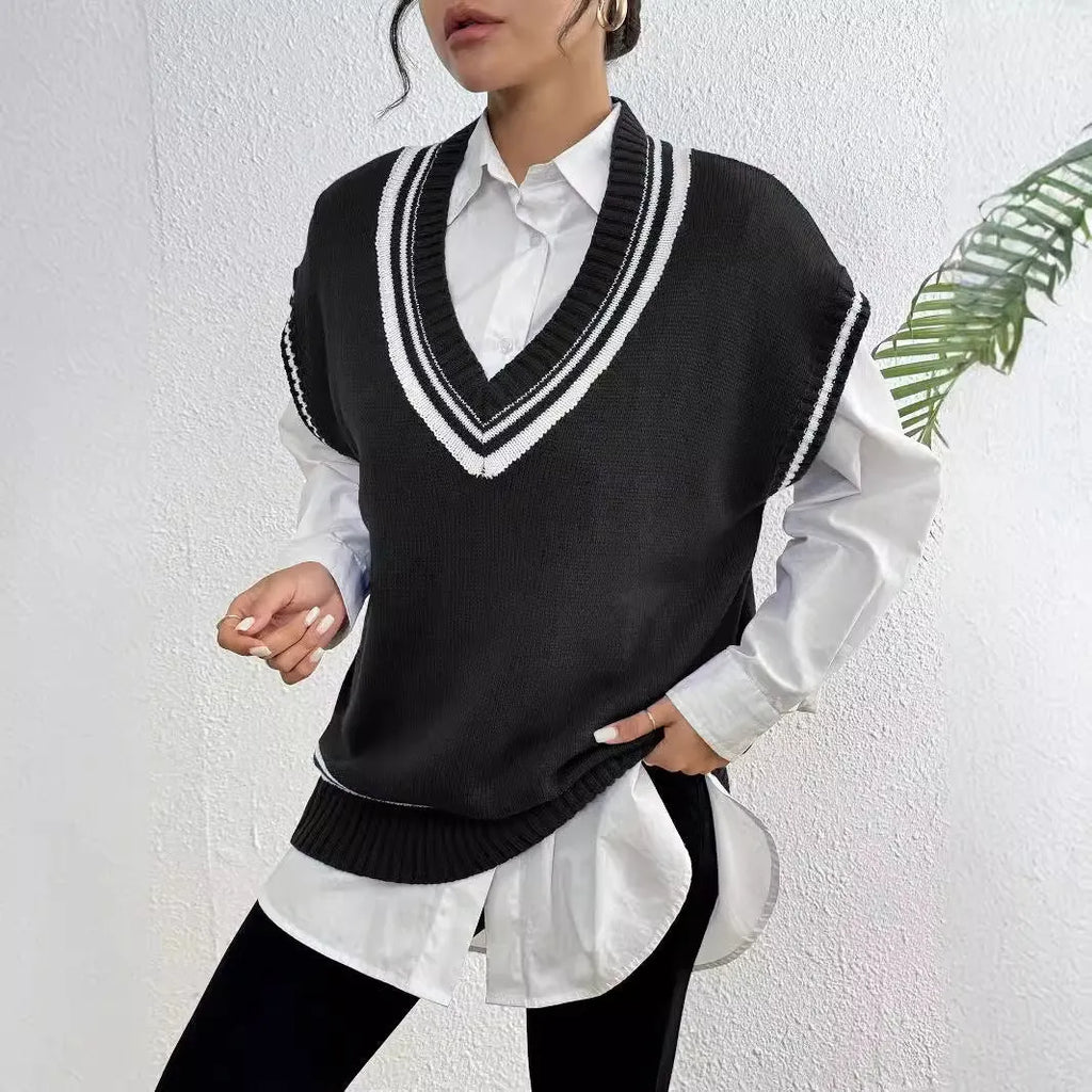 Women's casual loose-fit acrylic blend vest sweater in black, blue, or coffee colour.