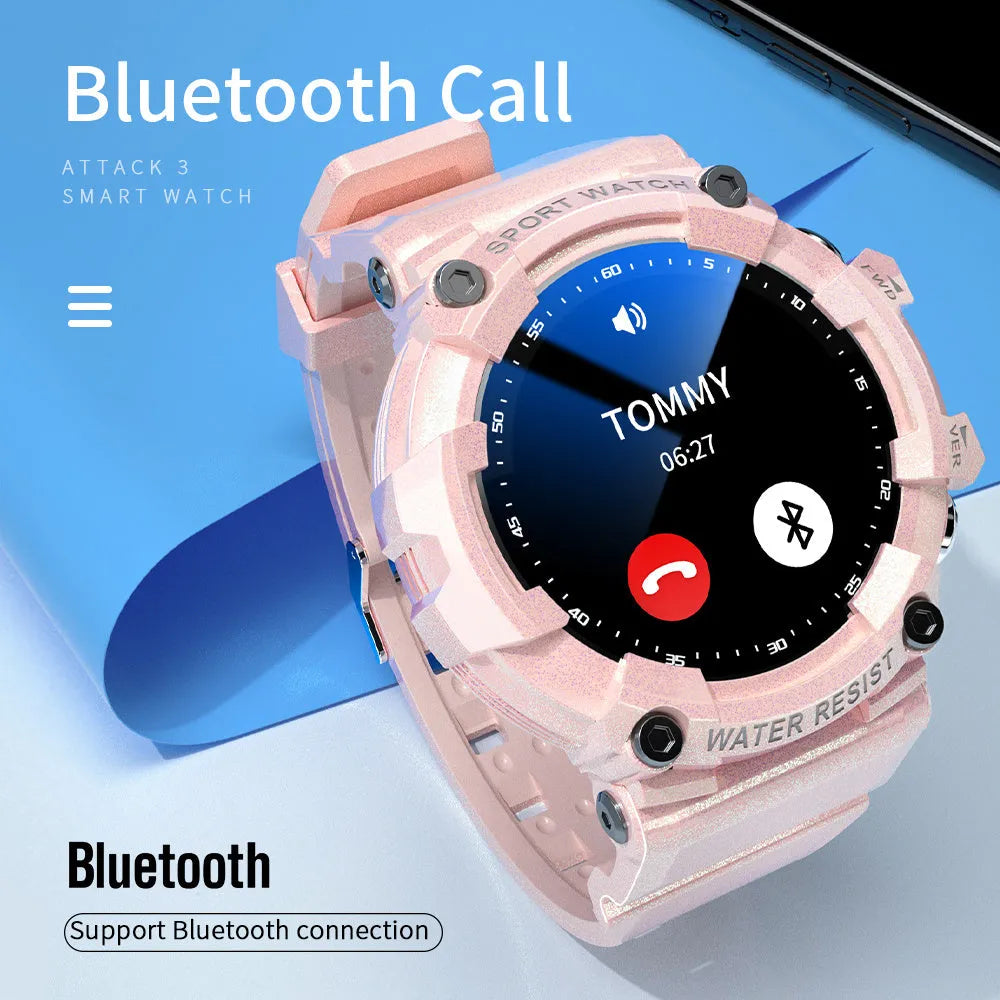 ATTACK 3 IP67 waterproof smart watch with round screen shown in black, white, and pink colour options