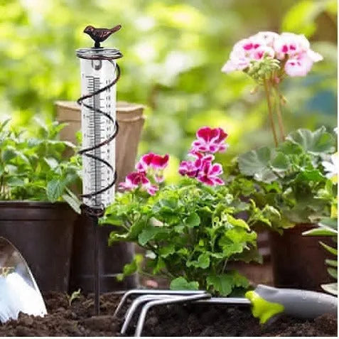 Cast iron bird design rain gauge with glass measurement tube for garden rainfall monitoring