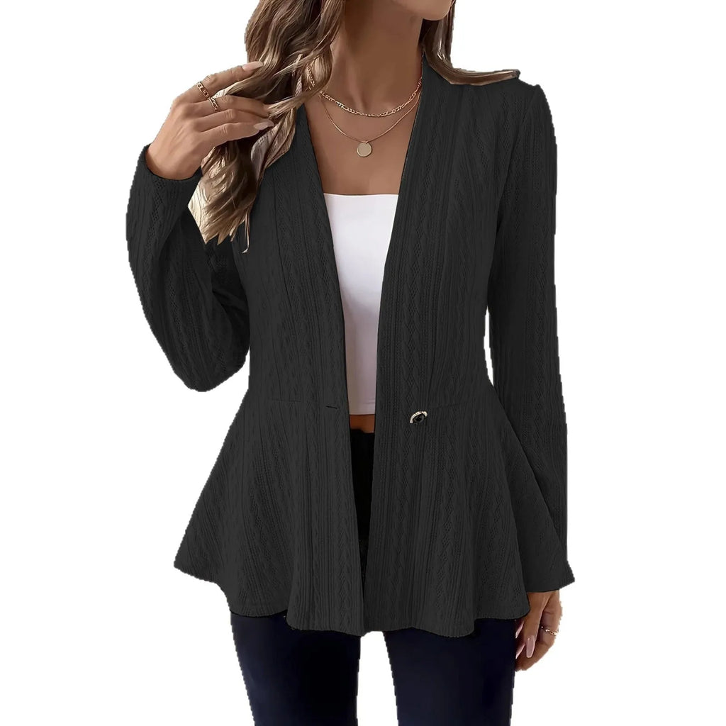 Women's solid colour knitted cardigan with single button and Jacquard pattern texture