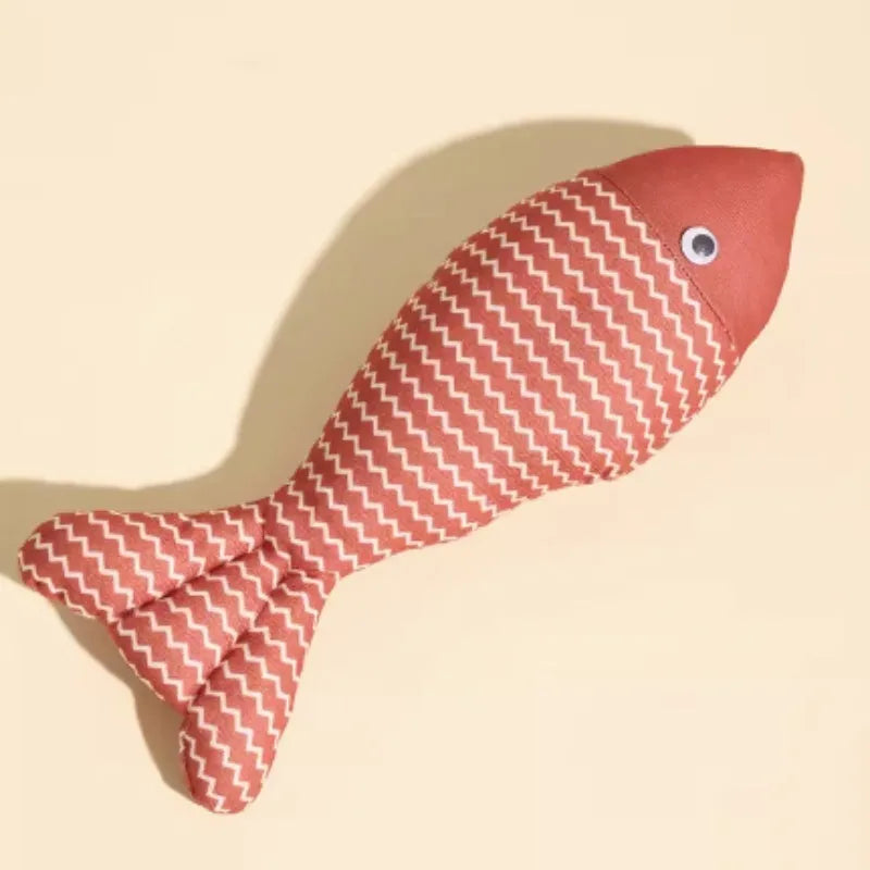 Yellow, red, and blue catnip-filled fish toys in small, medium, and large sizes for cats.
