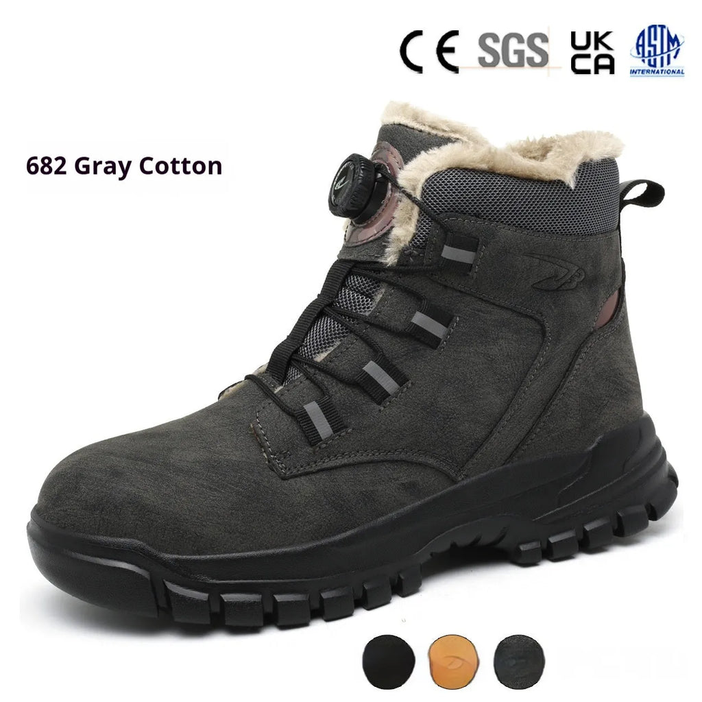 Men's leather safety work shoes with a rubber sole, shown in black, yellow, and grey colour options.