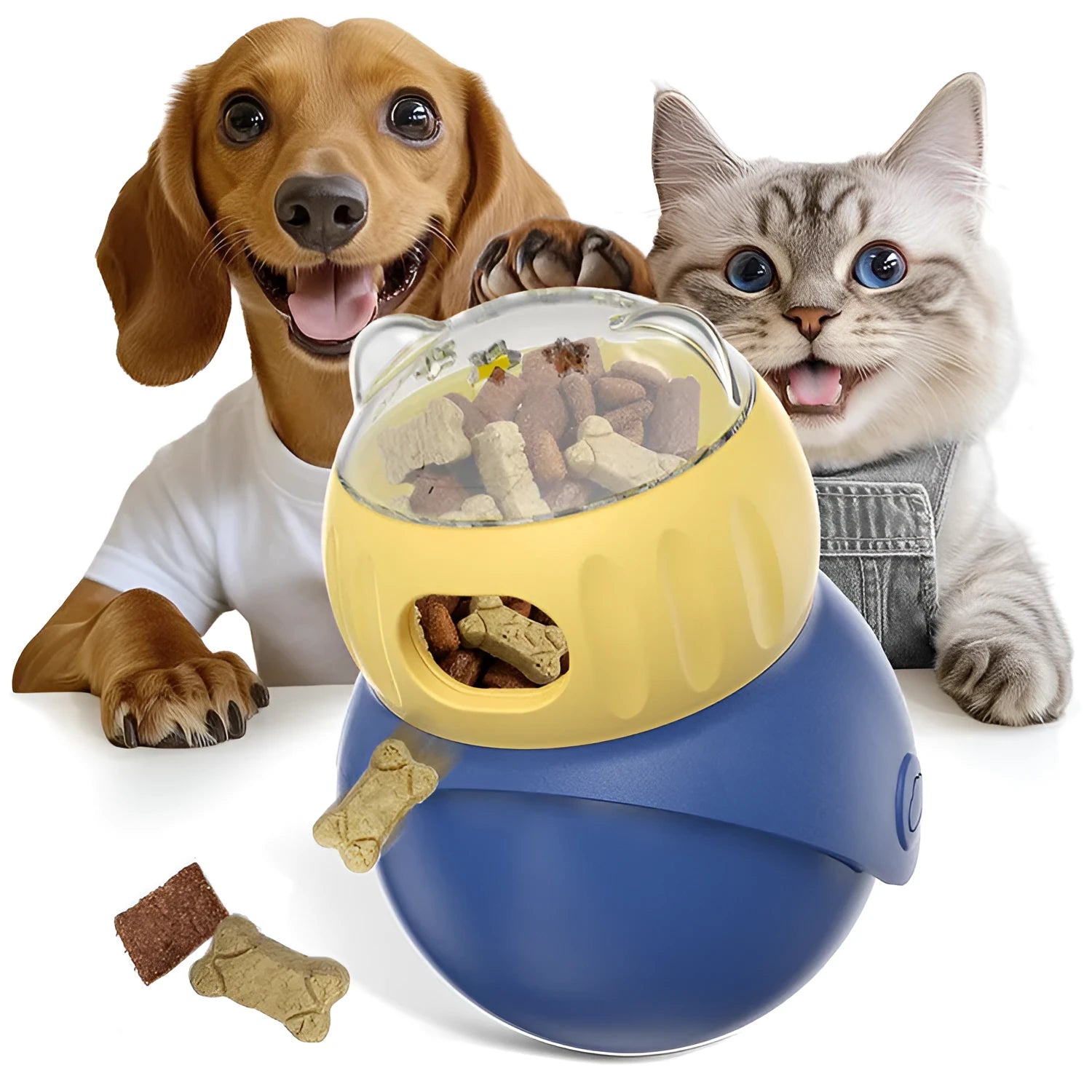 Owl-shaped plastic puzzle cat feeder in morandi yellow and blue colours for self-service food dispensing