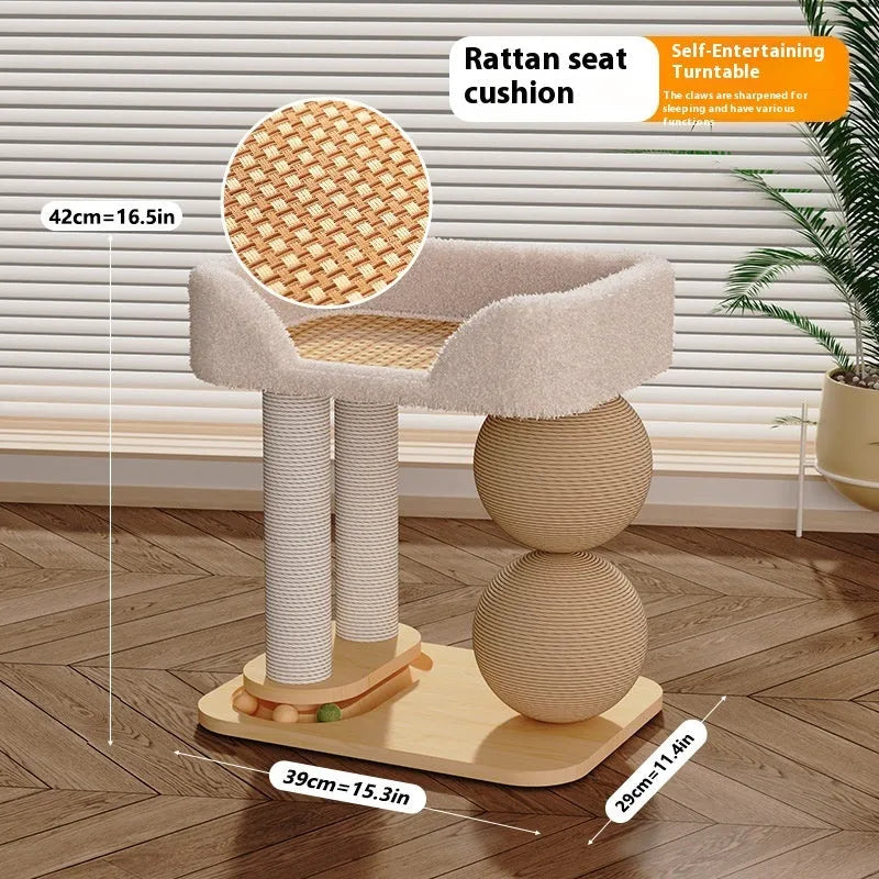 Pine wood cat scratching post with sisal wrapped column and hanging ball toys