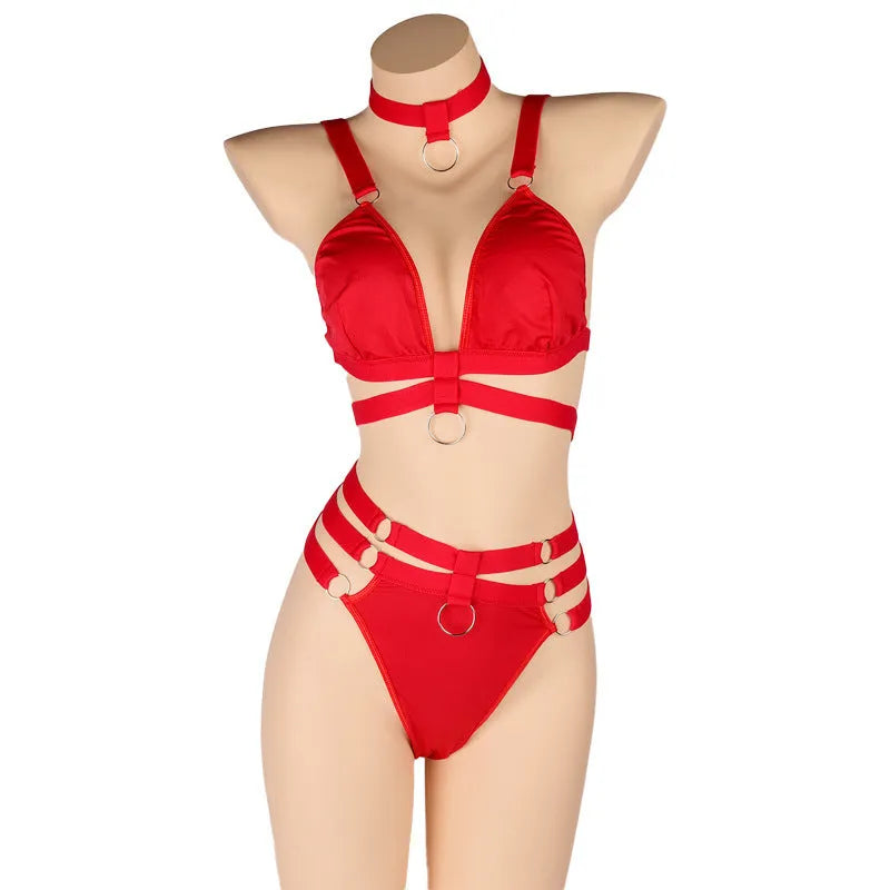 Women's two-piece bikini set in black, red, or blue, polyester fabric with nylon lining, free size