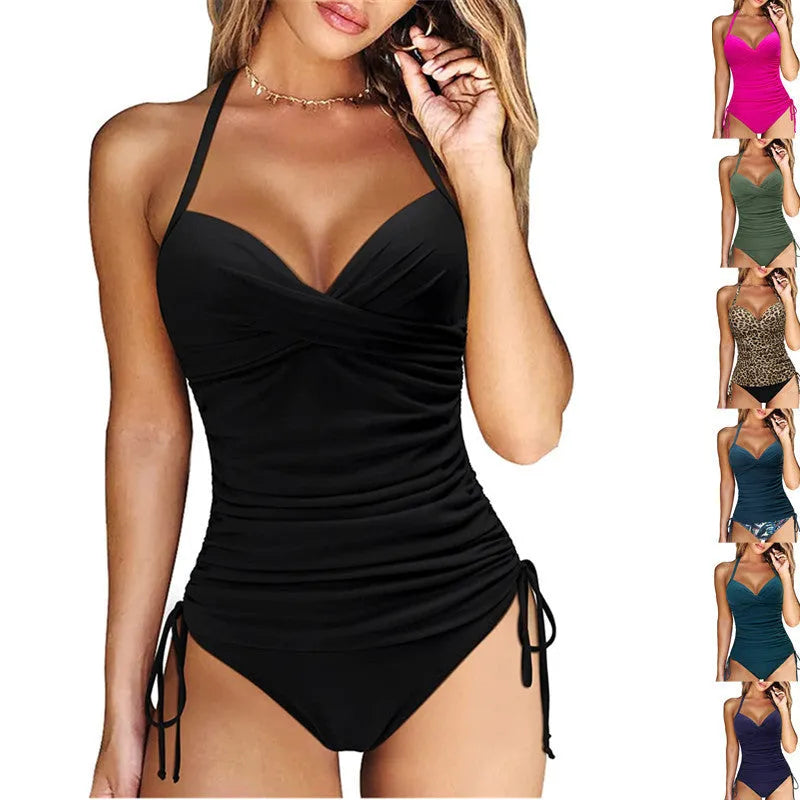Women's slim fit swimwear bikini set in solid colour with high waist backless design