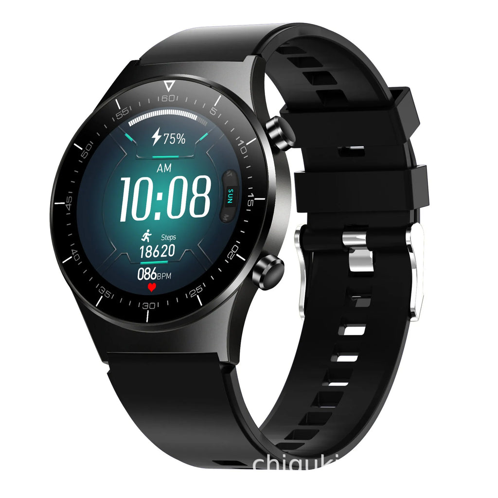 Black smart watch with glass touchscreen displaying heart rate on wrist