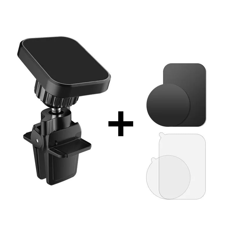 Black magnetic car phone holder mounted on vehicle air conditioning vent with smartphone attached