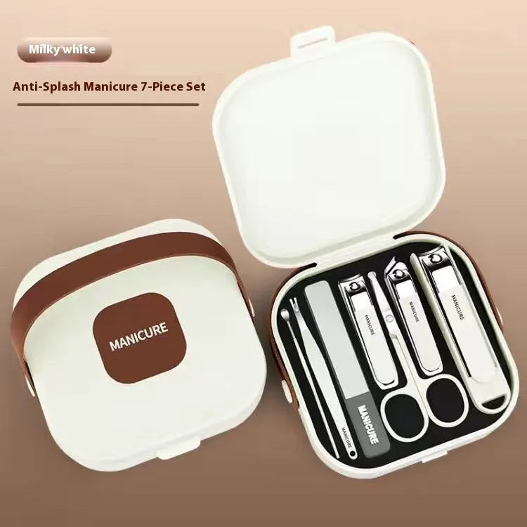 Anti-splash portable fingernail maintenance kit with brown, white, and green champagne pliers and manicure tools