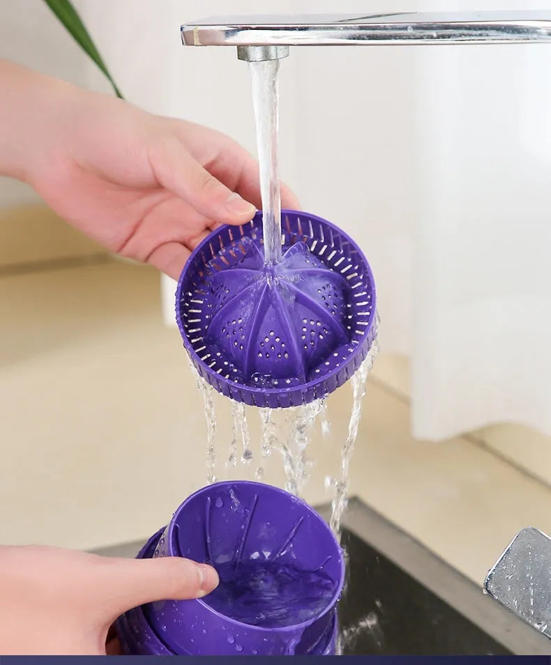 Purple USB rechargeable electric citrus juicer with cone and pulp filter, 2400mAh dual battery, 400ml capacity