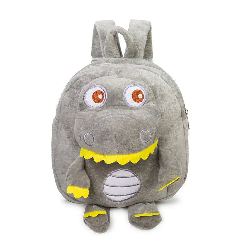 Blue dinosaur plush backpack with embroidery details and soft handle