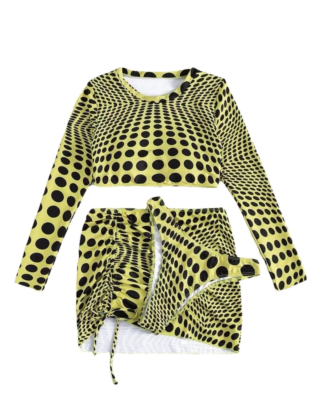 Women's green and yellow polka dot three-piece swimsuit set with top, skirt, and bra.