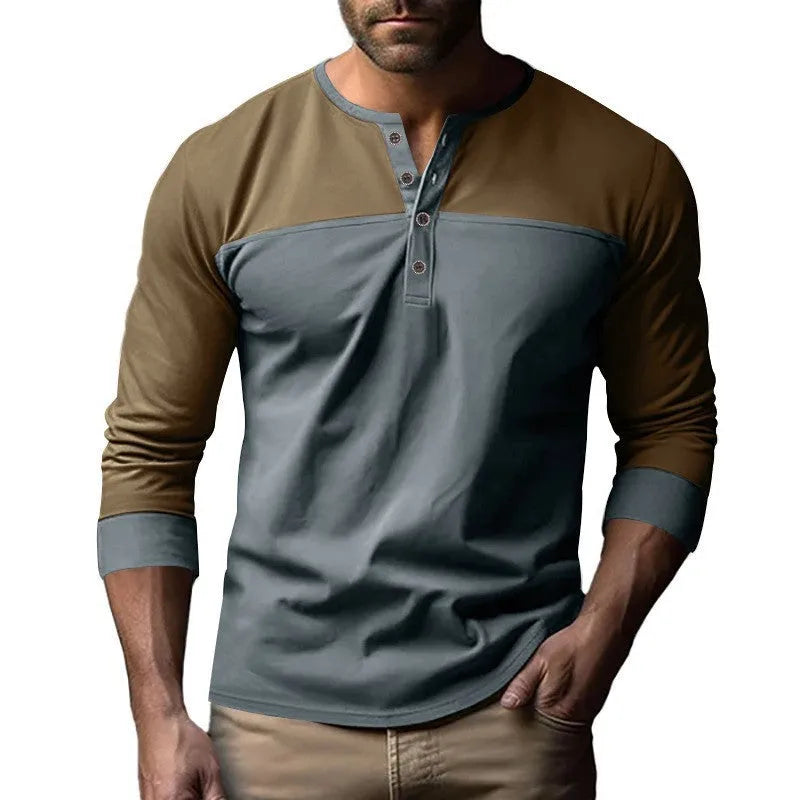 Long-sleeve Henry collar casual shirt in solid beaded twill fabric