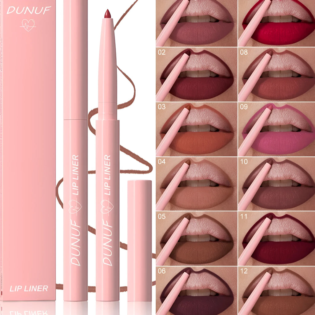 A single velvet matte lip liner pencil shown with a selection of its 12 different colour shades.