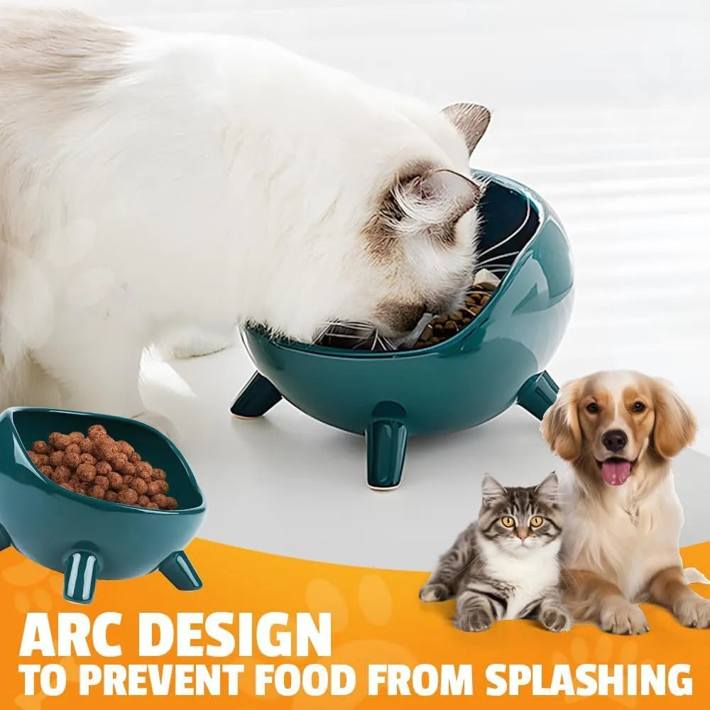 Green ceramic pet bowl with four legs and wide opening for cat or small dog feeding