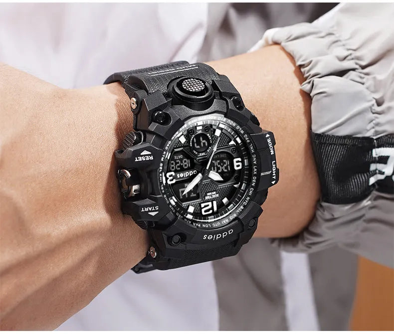 Men's electronic sports watch with dual analogue and digital display, plastic case and strap, water resistant to 50 metres