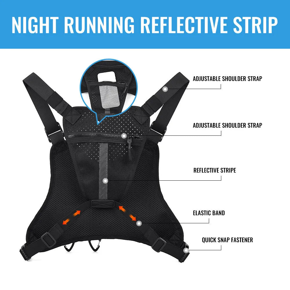 Men's black oxford cloth chest bag designed as a riding vest with visible sewing lines.