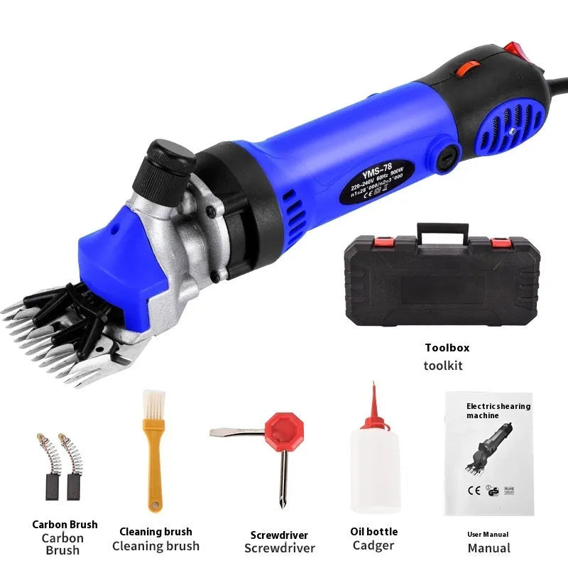 Yellow electric wool shears with 110V plug and multiple cutter heads for animal shearing