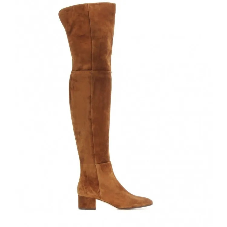 Grey suede women's flat over-the-knee boots with pointed toe and low thick heel
