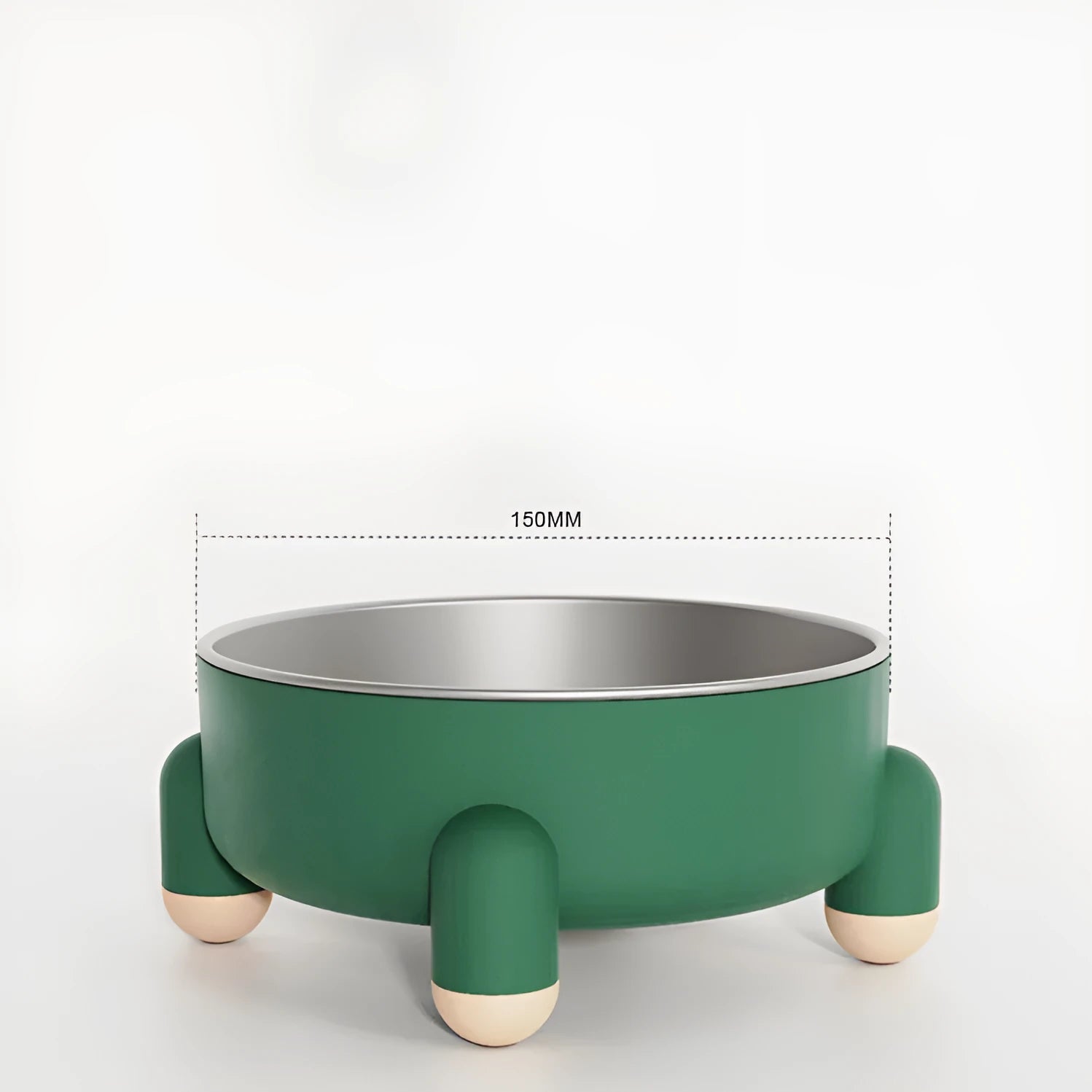 Green non-slip stainless steel pet food bowl with a high foot, shown on a floor.