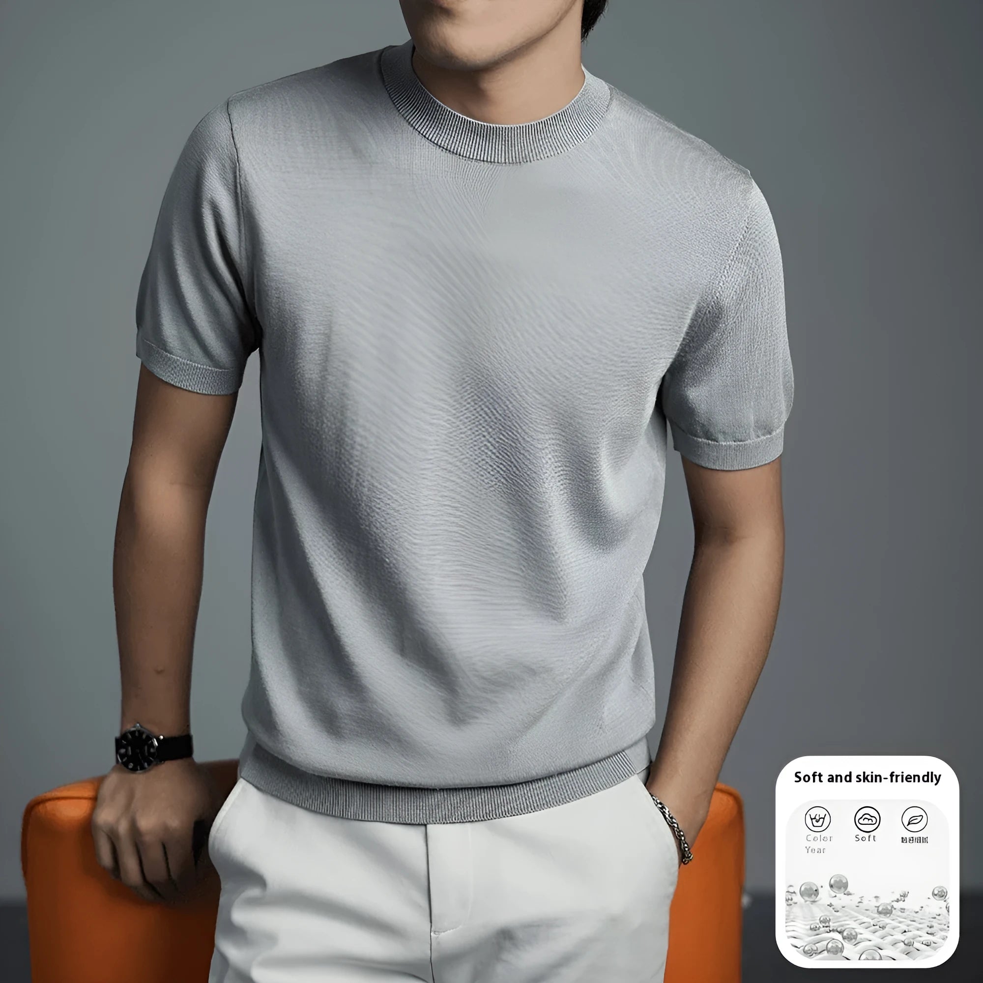 Men's solid colour knitted T-shirt with round neck and short sleeves in business gentleman style
