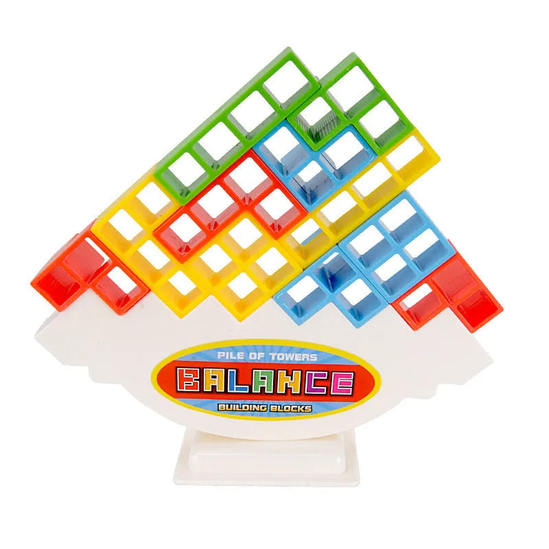 Plastic balance stacking board game with colourful blocks, chassis, and base on table