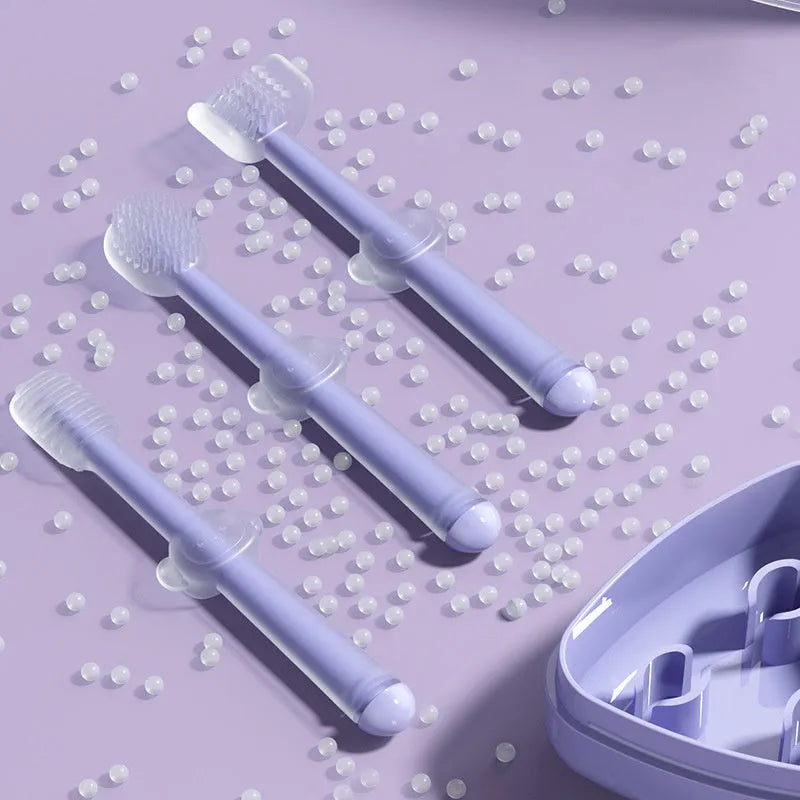 Purple silicone toothbrush for cleaning dog and cat teeth.
