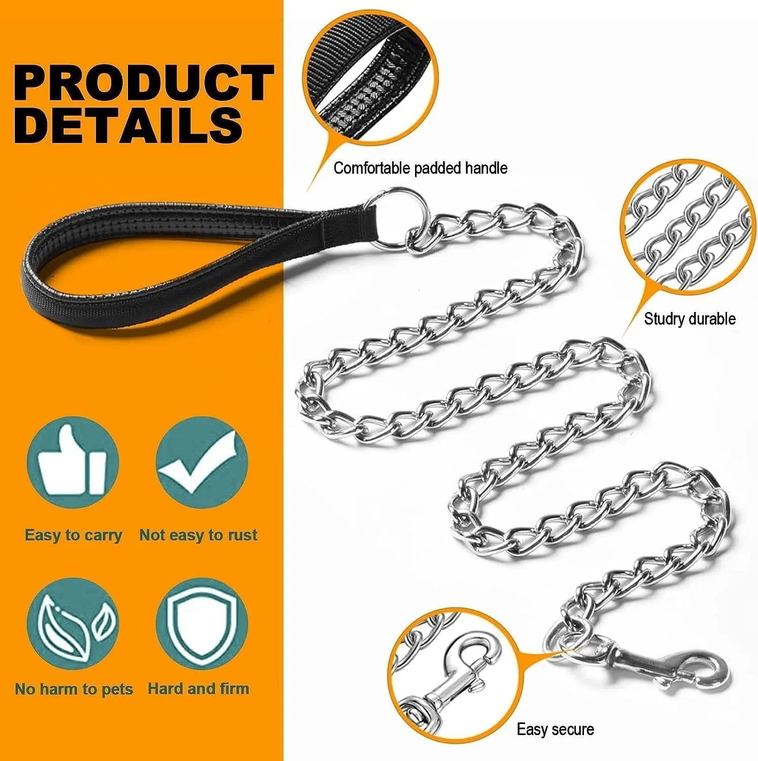 Heavy duty metal chain dog leash with a soft black padded handle, shown with a red colour option.