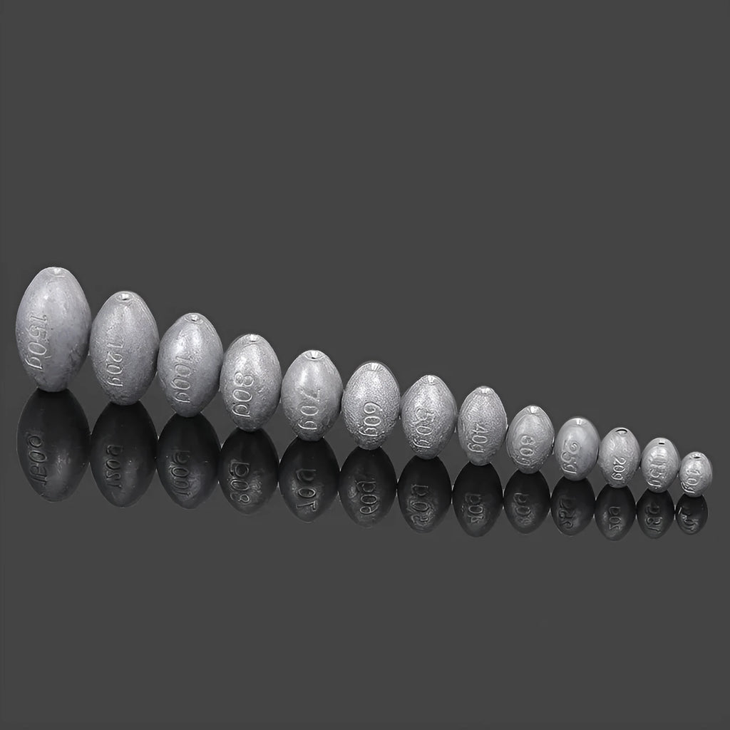 Rugby-shaped olive lead fishing sinker with plastic core in multiple weight sizes