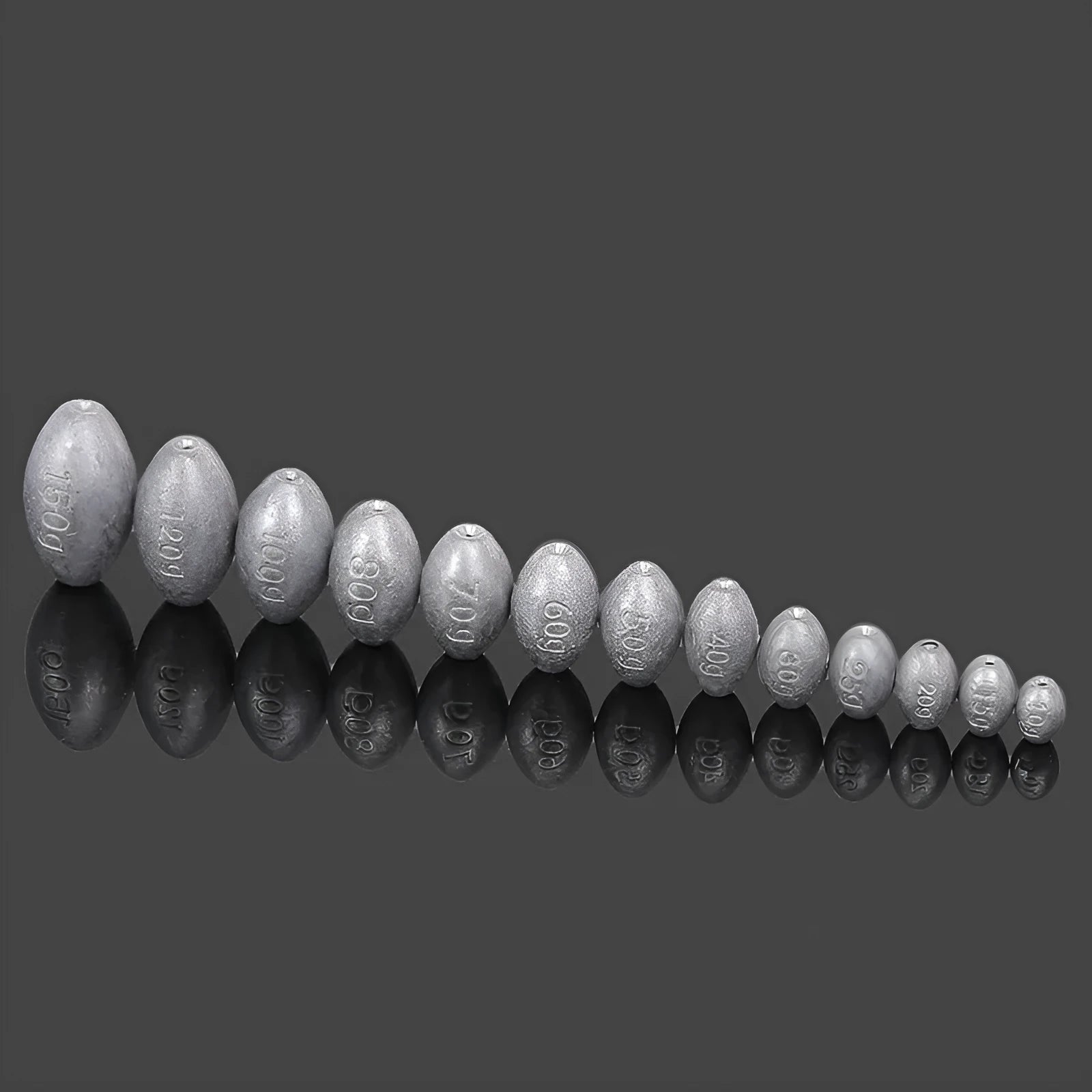Rugby-shaped olive lead fishing sinker with plastic core in multiple weight sizes