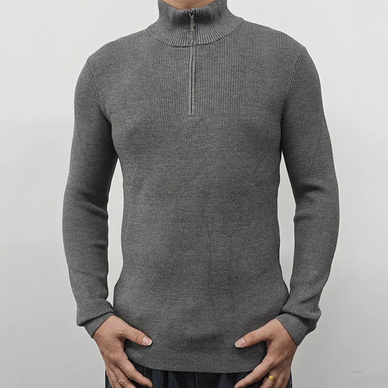 Men's black half-turtleneck zip-front sweater, a casual cotton blend pullover with long sleeves.