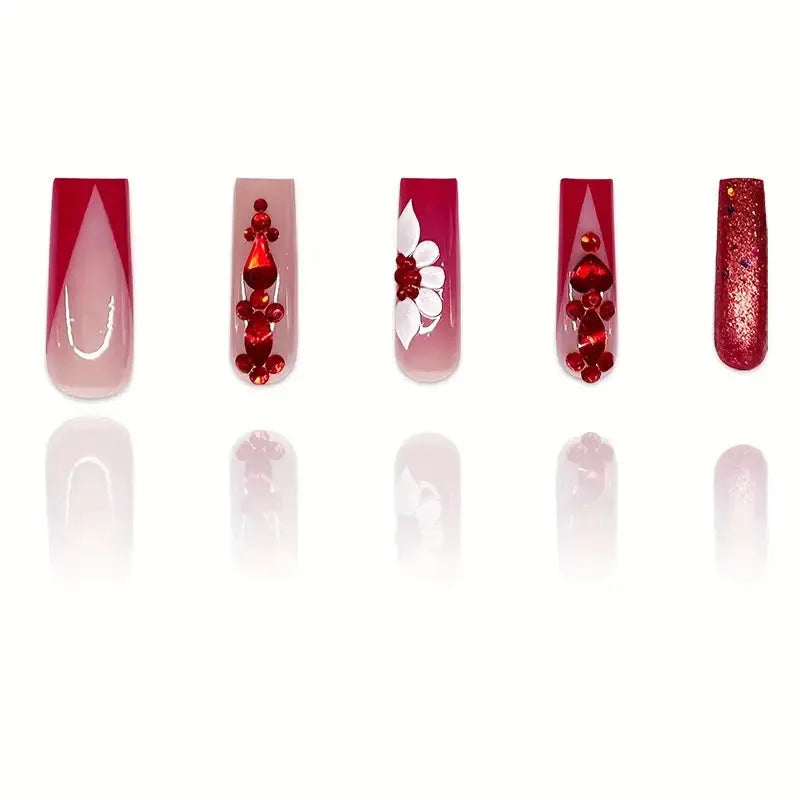 Sweet Flowers Temperament removable fake nails with red diamond accents and floral pattern
