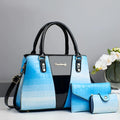 Women's crocodile stitch three-piece shoulder bag set showing main bag, small bag, and card holder in beige colour