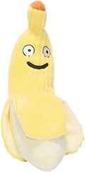 Yellow banana-shaped plush cat toy with crinkle paper and velvet texture strip
