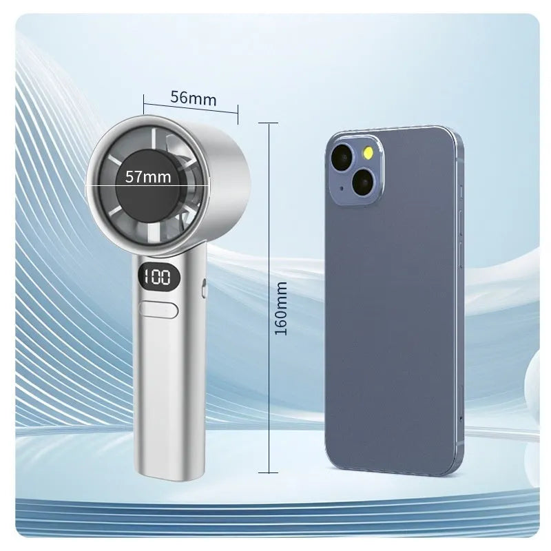 USB handheld fan with variable speed control showing green, khaki, silver, and white colour options