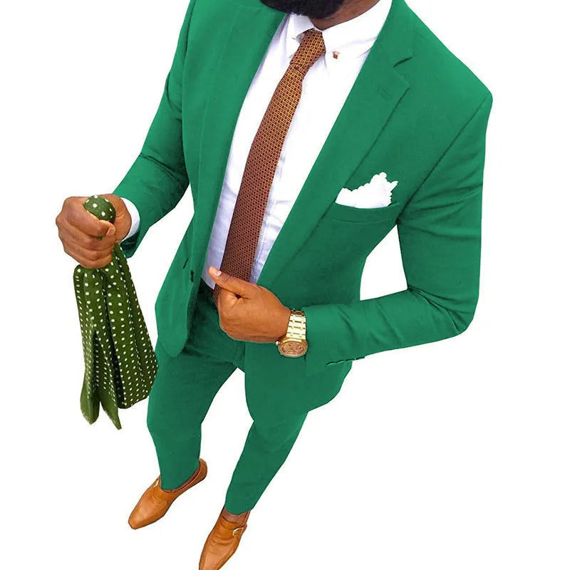 Men's purple cotton banquet suit jacket and trousers on a hanger, showing the two-piece formal set.